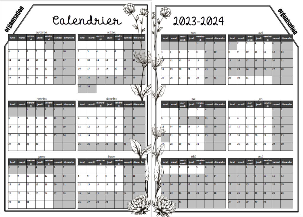 Calendrier annuel 2023 – 2024 – Maîtresse Lunicole